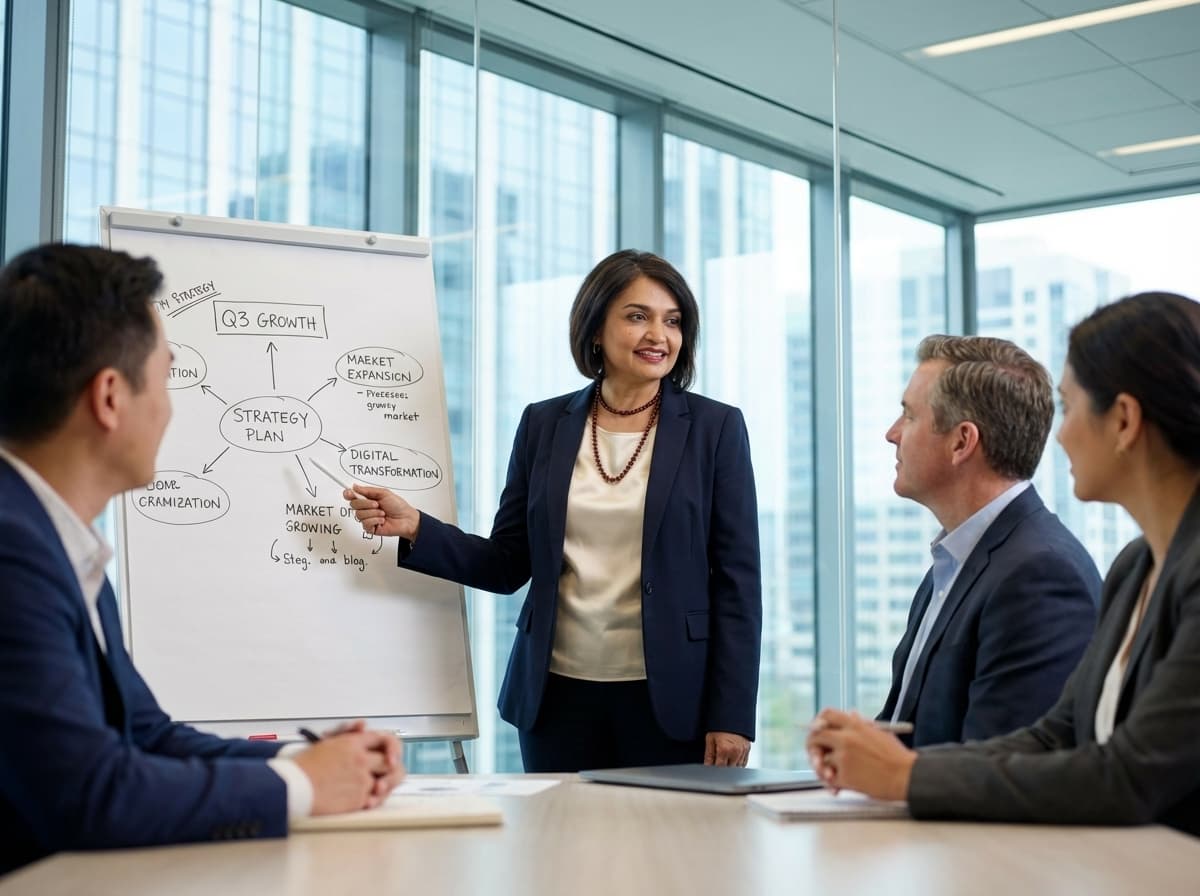 Roopa Unnikrishnan presenting strategy insights in a corporate conference room