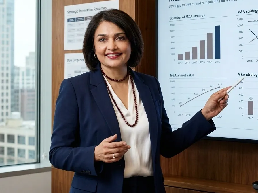 Roopa Unnikrishnan presenting strategy and M&A insights